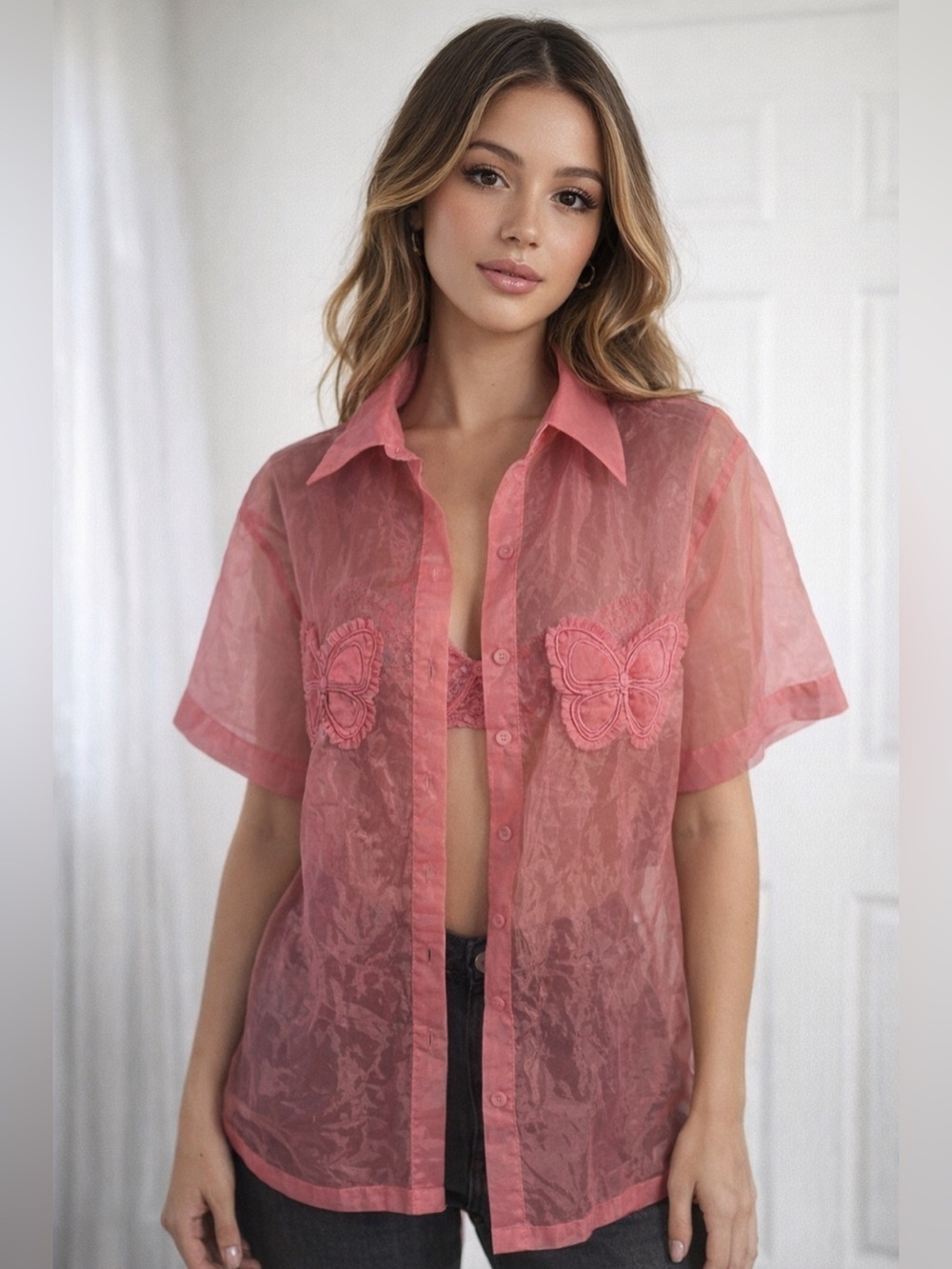 Labelrail X Pose And Repeat Pink Sheer Butterfly Blouse Sz 14 Y2K Coquette Colab